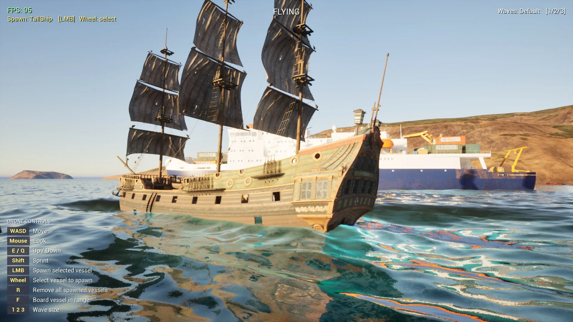 Tall ship sailing on open ocean in the DRW demo