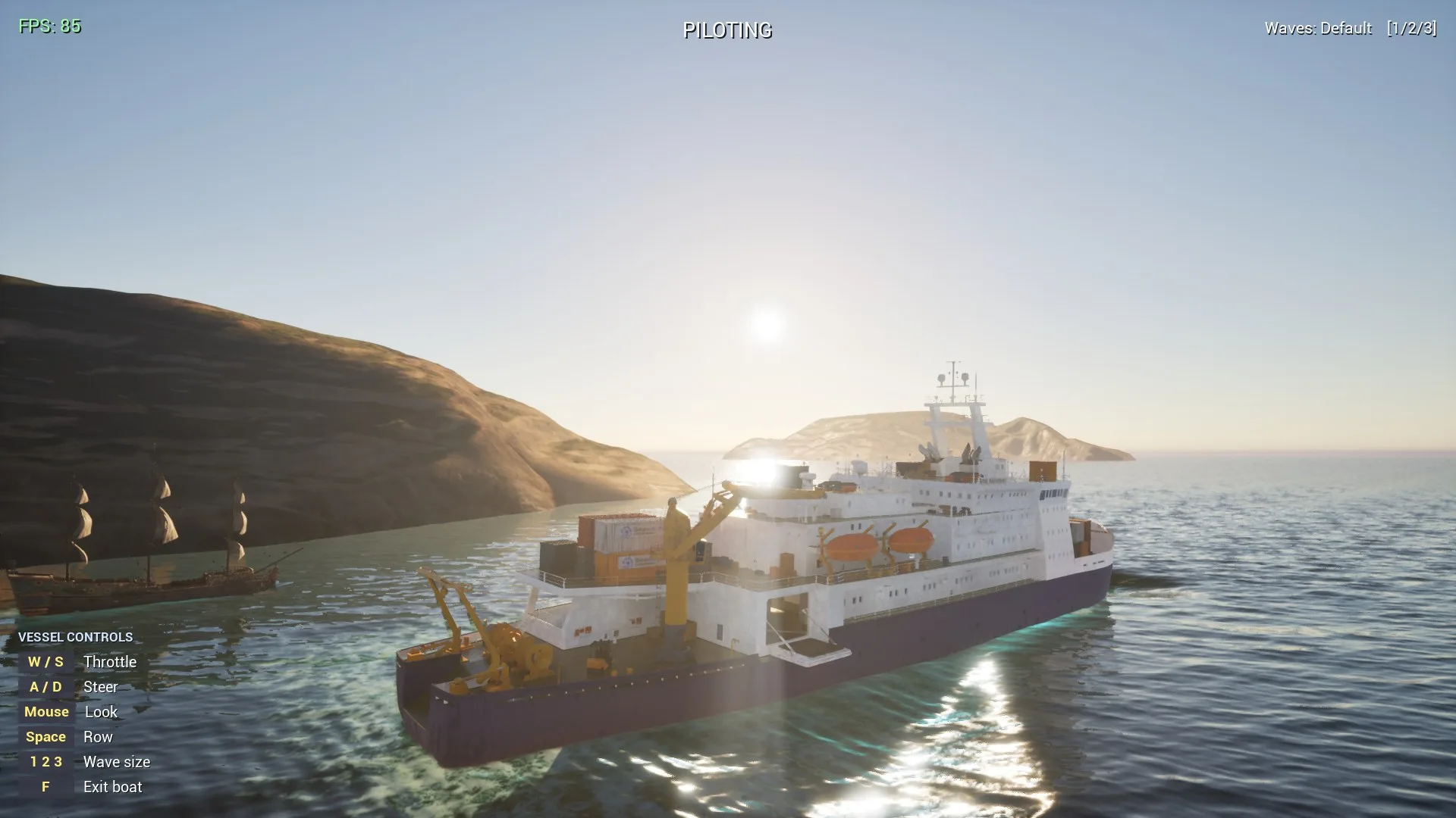 Research vessel piloting across the ocean at sunset