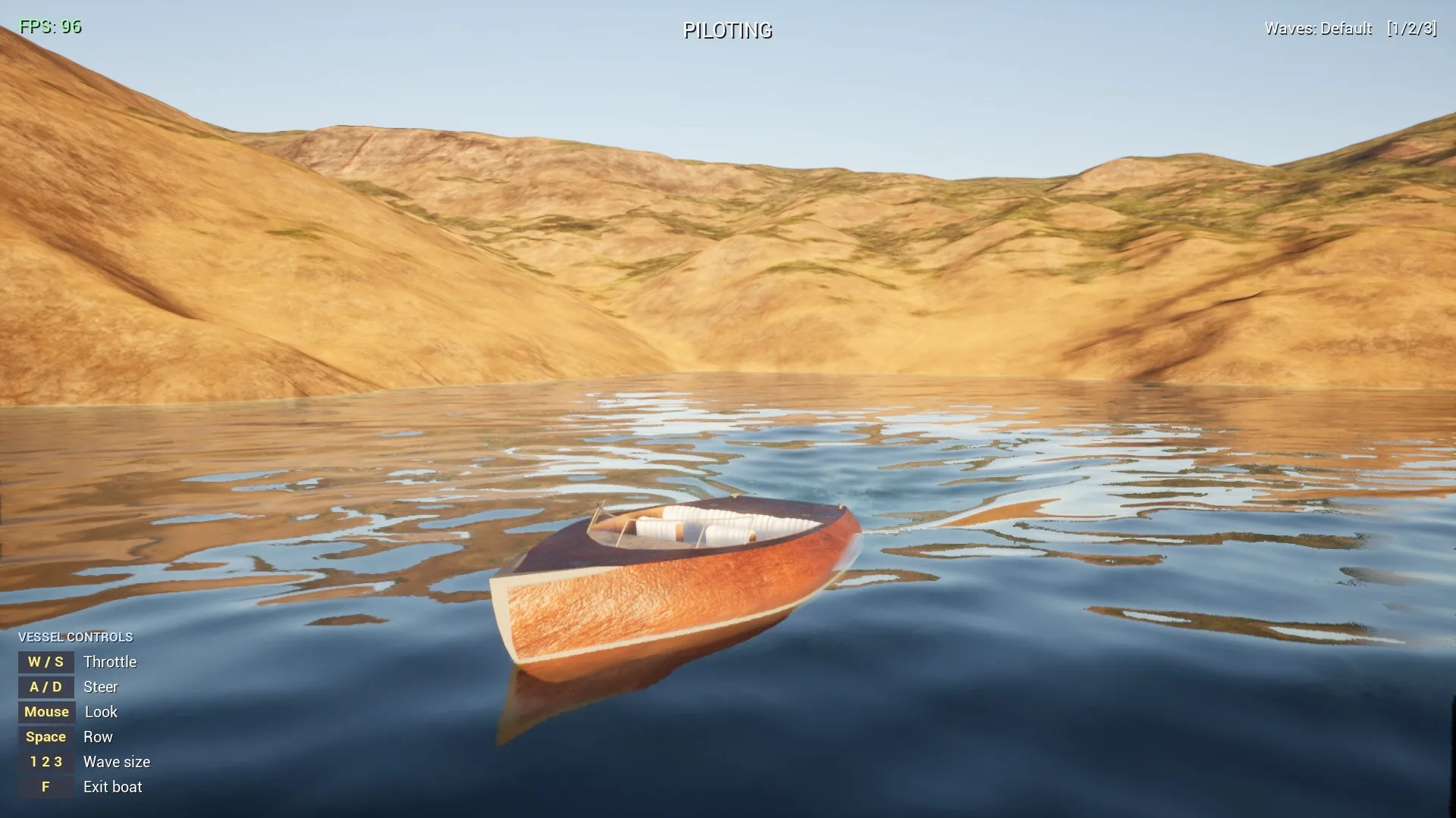 Wooden runabout boat on calm water between hills