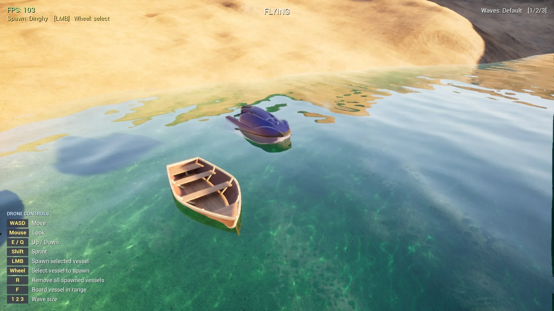 Dinghy and rowboat in clear shallow water near the shore